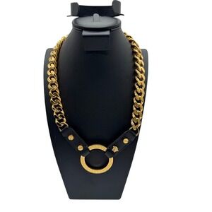 Versace Mens Gold Medusa Greca Leather Curb Chain Link O-Ring Necklace Italy